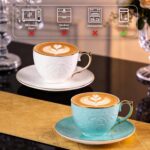 KAMMAK Tea Cups and Saucers Set of 2, Fine Bone China Coffee Cups, Stackable Espresso Mugs, Ceramic Demitasse for Coffee, Cappuccino, Latte, Americano, Tea, Uncaria (White + Blue)