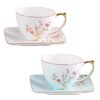 KAMMAK Tea Cups and Saucers Set of 2, Fine Bone China Coffee Cups, Stackable Espresso Mugs, Ceramic Demitasse for Coffee, Cappuccino, Latte, Americano, Tea, Golden Plum (White +... KAMMAK 8KPGH025+26 ceramic cup and saucer side angle view showing silhouette