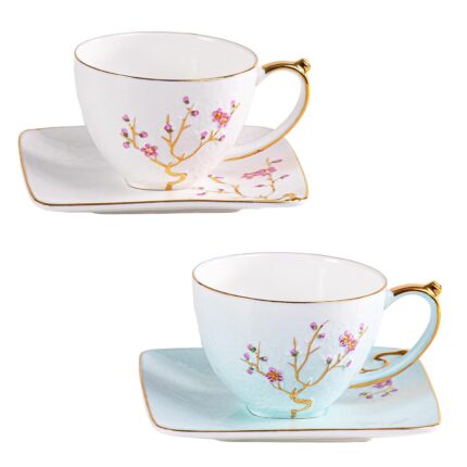 KAMMAK Tea Cups and Saucers Set of 2, Fine Bone China Coffee Cups, Stackable Espresso Mugs, Ceramic Demitasse for Coffee, Cappuccino, Latte, Americano, Tea, Golden Plum (White +...