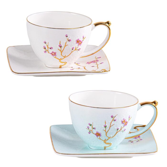 KAMMAK Tea Cups and Saucers Set of 2, Fine Bone China Coffee Cups, Stackable Espresso Mugs, Ceramic Demitasse for Coffee, Cappuccino, Latte, Americano, Tea, Golden Plum (White +...