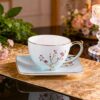 KAMMAK Tea Cups and Saucers Set of 2, Fine Bone China Coffee Cups, Stackable Espresso Mugs, Ceramic Demitasse for Coffee, Cappuccino, Latte, Americano, Tea, Golden Plum (White +... KAMMAK 8KPGH025+26 ceramic cup and saucer styled home decor setting image 5