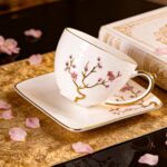 KAMMAK Tea Cups and Saucers Set of 2, Fine Bone China Coffee Cups, Stackable Espresso Mugs, Ceramic Demitasse for Coffee, Cappuccino, Latte, Americano, Tea, Golden Plum (White +...