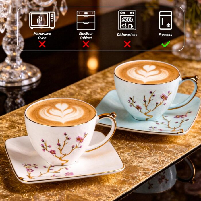 KAMMAK Tea Cups and Saucers Set of 2, Fine Bone China Coffee Cups, Stackable Espresso Mugs, Ceramic Demitasse for Coffee, Cappuccino, Latte, Americano, Tea, Golden Plum (White +...