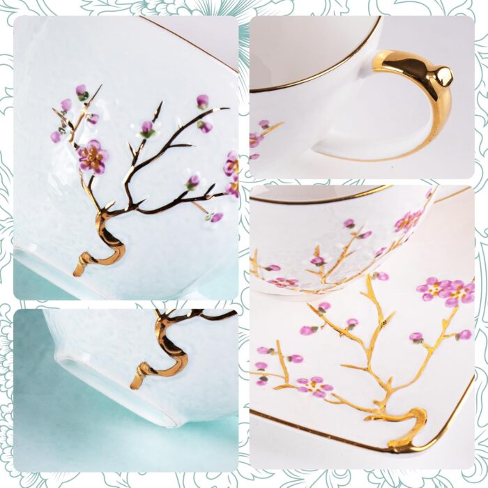 KAMMAK Tea Cups and Saucers Set of 2, Fine Bone China Coffee Cups, Stackable Espresso Mugs, Ceramic Demitasse for Coffee, Cappuccino, Latte, Americano, Tea, Golden Plum (White +...