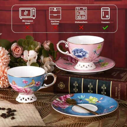 KAMMAK Tea Cups and Saucers Set of 2, Fine Bone China Coffee Cups, Stackable Espresso Mugs, Ceramic Demitasse for Coffee, Cappuccino, Latte, Americano, Tea, Flowers (Blue + Pink)