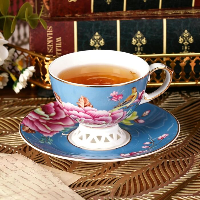 KAMMAK Tea Cups and Saucers Set of 2, Fine Bone China Coffee Cups, Stackable Espresso Mugs, Ceramic Demitasse for Coffee, Cappuccino, Latte, Americano, Tea, Flowers (Blue + Pink)