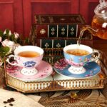 KAMMAK Tea Cups and Saucers Set of 2, Fine Bone China Coffee Cups, Stackable Espresso Mugs, Ceramic Demitasse for Coffee, Cappuccino, Latte, Americano, Tea, Flowers (Blue + Pink)