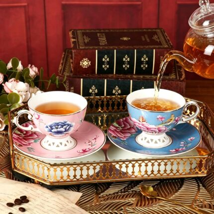 KAMMAK Tea Cups and Saucers Set of 2, Fine Bone China Coffee Cups, Stackable Espresso Mugs, Ceramic Demitasse for Coffee, Cappuccino, Latte, Americano, Tea, Flowers (Blue + Pink)