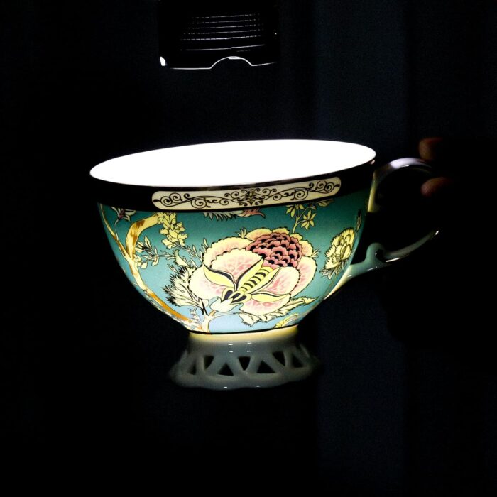 KAMMAK Tea Cups and Saucers Set of 2, Fine Bone China Coffee Cups, Stackable Espresso Mugs, Ceramic Demitasse for Coffee, Cappuccino, Latte, Americano, Tea, Flowers (Blue + Pink)