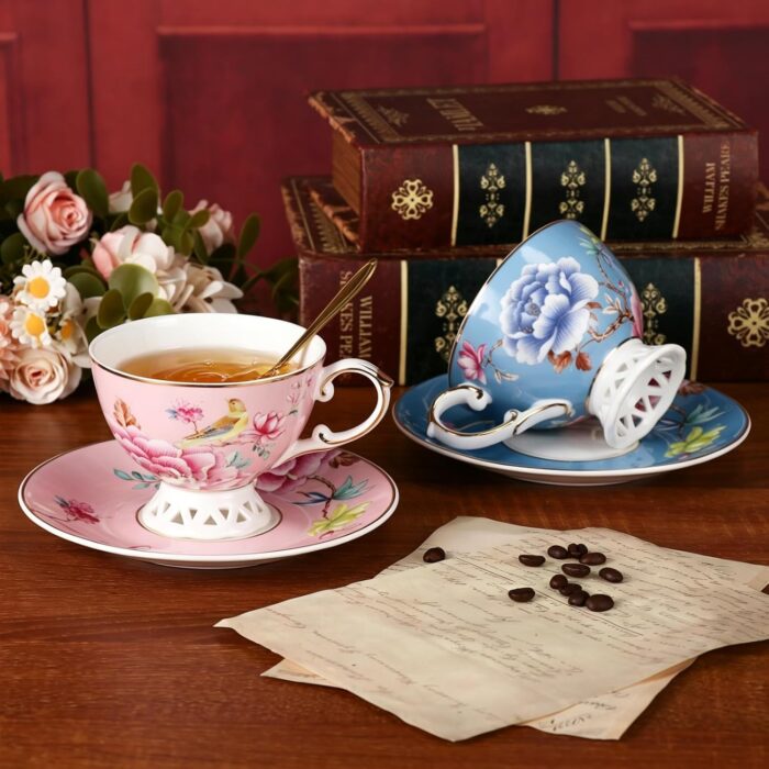 KAMMAK Tea Cups and Saucers Set of 2, Fine Bone China Coffee Cups, Stackable Espresso Mugs, Ceramic Demitasse for Coffee, Cappuccino, Latte, Americano, Tea, Flowers (Blue + Pink)