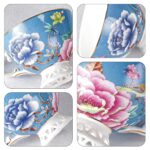 KAMMAK Tea Cups and Saucers Set of 2, Fine Bone China Coffee Cups, Stackable Espresso Mugs, Ceramic Demitasse for Coffee, Cappuccino, Latte, Americano, Tea, Flowers (Blue + Pink)