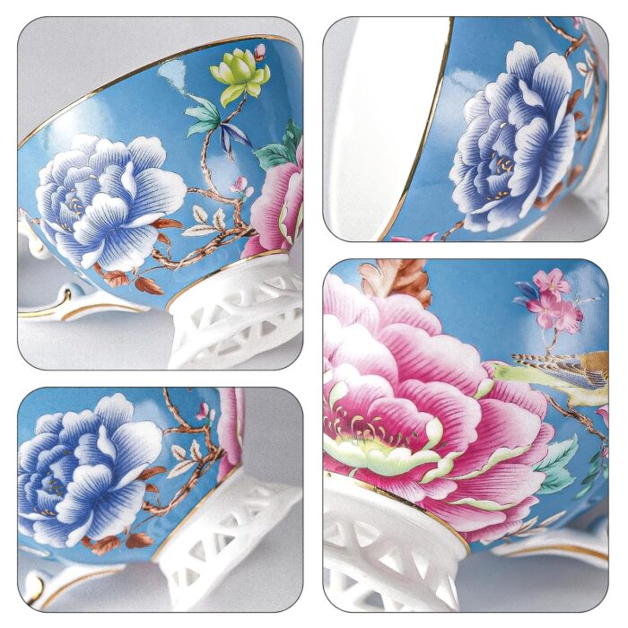 KAMMAK Tea Cups and Saucers Set of 2, Fine Bone China Coffee Cups, Stackable Espresso Mugs, Ceramic Demitasse for Coffee, Cappuccino, Latte, Americano, Tea, Flowers (Blue + Pink)