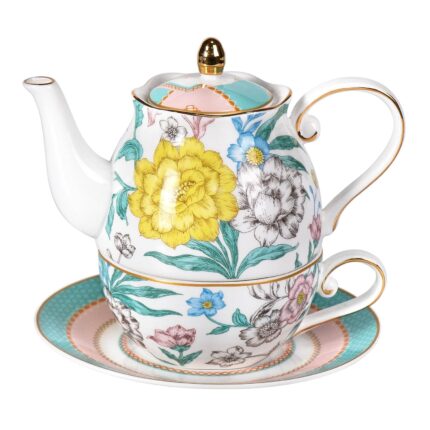 KAMMAK Tea for One, Porcelain Teapot and Cup Set, Bone China Tea Pot and Saucers Set,Ceramic Tea Set for Party, Home, Colored Tea Cups and Saucer Set for Coffee,Cappuccino,Tea, GH6