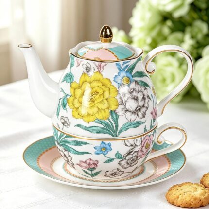 KAMMAK Tea for One, Porcelain Teapot and Cup Set, Bone China Tea Pot and Saucers Set,Ceramic Tea Set for Party, Home, Colored Tea Cups and Saucer Set for Coffee,Cappuccino,Tea, GH6