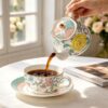 KAMMAK Tea for One, Porcelain Teapot and Cup Set, Bone China Tea Pot and Saucers Set,Ceramic Tea Set for Party, Home, Colored Tea Cups and Saucer Set for Coffee,Cappuccino,Tea, GH6 KAMMAK 8KPGH006 ceramic teapot close-up material texture detail image 4