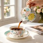 KAMMAK Tea for One, Porcelain Teapot and Cup Set, Bone China Tea Pot and Saucers Set,Ceramic Tea Set for Party, Home, Colored Tea Cups and Saucer Set for Coffee,Cappuccino,Tea, GH6 KAMMAK 8KPGH006 ceramic teapot close-up material texture detail image 4