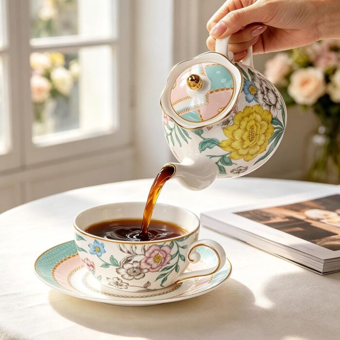 KAMMAK Tea for One, Porcelain Teapot and Cup Set, Bone China Tea Pot and Saucers Set,Ceramic Tea Set for Party, Home, Colored Tea Cups and Saucer Set for Coffee,Cappuccino,Tea, GH6 KAMMAK 8KPGH006 ceramic teapot close-up material texture detail image 4