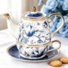 KAMMAK Tea for One, Porcelain Teapot and Cup Set, Bone China Tea Pot and Saucers Set,Ceramic Tea Set for Party, Home, Colored Tea Cups and Saucer Set for Coffee,Cappuccino,Tea, GH7 KAMMAK 8KPGH007 ceramic teapot side angle view showing silhouette
