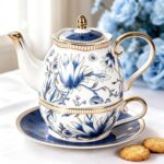 KAMMAK Tea for One, Porcelain Teapot and Cup Set, Bone China Tea Pot and Saucers Set,Ceramic Tea Set for Party, Home, Colored Tea Cups and Saucer Set for Coffee,Cappuccino,Tea, GH7 KAMMAK 8KPGH007 ceramic teapot side angle view showing silhouette