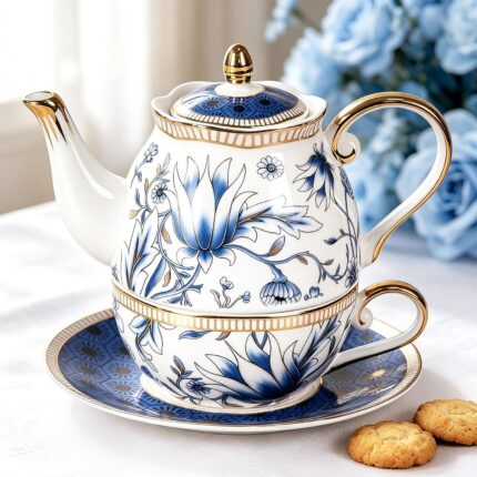 KAMMAK Tea for One, Porcelain Teapot and Cup Set, Bone China Tea Pot and Saucers Set,Ceramic Tea Set for Party, Home, Colored Tea Cups and Saucer Set for Coffee,Cappuccino,Tea, GH7