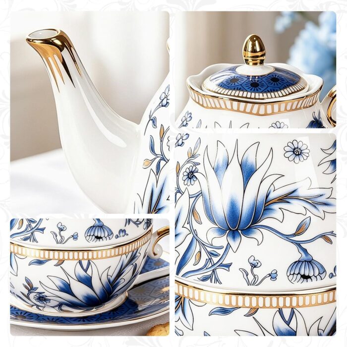 KAMMAK Tea for One, Porcelain Teapot and Cup Set, Bone China Tea Pot and Saucers Set,Ceramic Tea Set for Party, Home, Colored Tea Cups and Saucer Set for Coffee,Cappuccino,Tea, GH7 KAMMAK 8KPGH007 ceramic teapot shape and proportion detail image 3