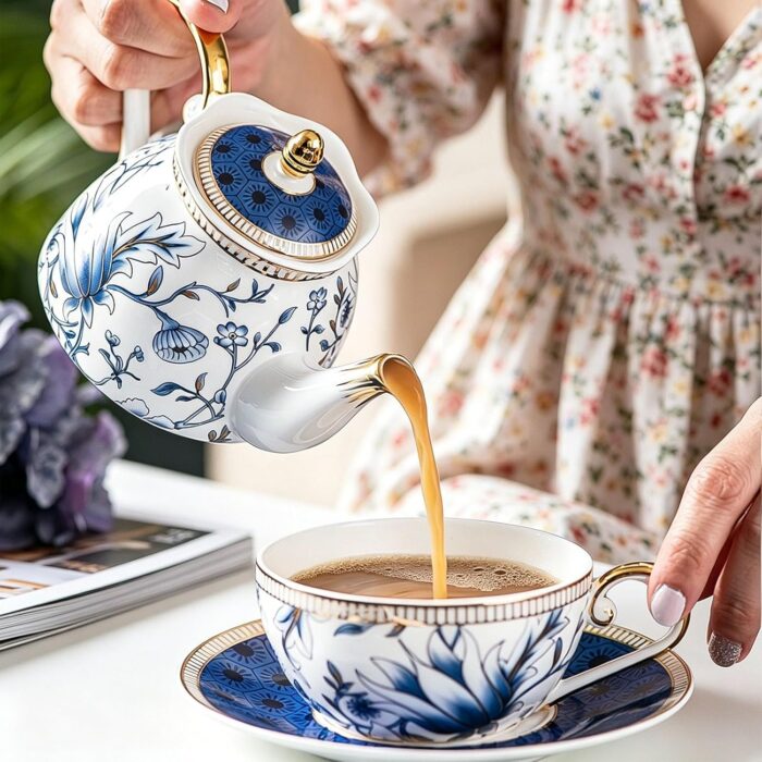 KAMMAK Tea for One, Porcelain Teapot and Cup Set, Bone China Tea Pot and Saucers Set,Ceramic Tea Set for Party, Home, Colored Tea Cups and Saucer Set for Coffee,Cappuccino,Tea, GH7 KAMMAK 8KPGH007 ceramic teapot close-up material texture detail image 4