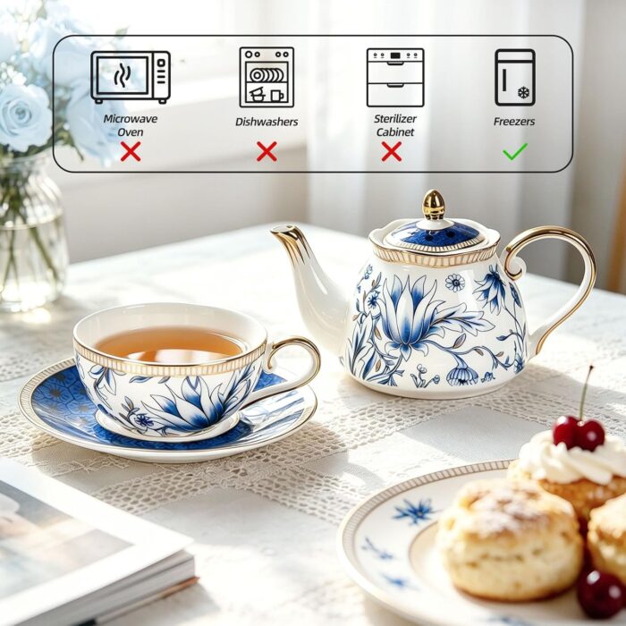 KAMMAK Tea for One, Porcelain Teapot and Cup Set, Bone China Tea Pot and Saucers Set,Ceramic Tea Set for Party, Home, Colored Tea Cups and Saucer Set for Coffee,Cappuccino,Tea, GH7 KAMMAK 8KPGH007 ceramic teapot styled home decor setting image 5