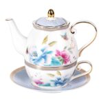 KAMMAK Tea for One, Porcelain Teapot and Cup Set, Bone China Tea Pot and Saucers Set,Ceramic Tea Set for Party, Home, Colored Tea Cups and Saucer Set for Coffee,Cappuccino,Tea, GH8 KAMMAK 8KPGH008 ceramic teapot front view for product display