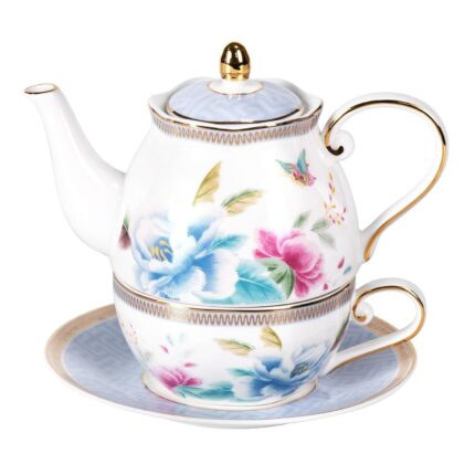 KAMMAK Tea for One, Porcelain Teapot and Cup Set, Bone China Tea Pot and Saucers Set,Ceramic Tea Set for Party, Home, Colored Tea Cups and Saucer Set for Coffee,Cappuccino,Tea, GH8