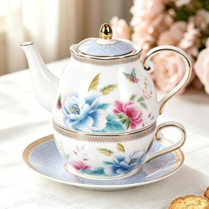 KAMMAK Tea for One, Porcelain Teapot and Cup Set, Bone China Tea Pot and Saucers Set,Ceramic Tea Set for Party, Home, Colored Tea Cups and Saucer Set for Coffee,Cappuccino,Tea, GH8