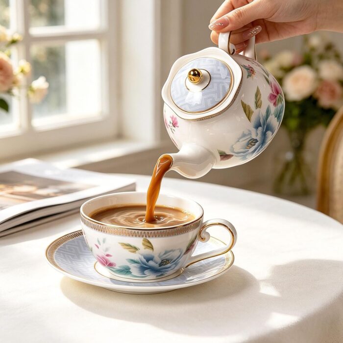 KAMMAK Tea for One, Porcelain Teapot and Cup Set, Bone China Tea Pot and Saucers Set,Ceramic Tea Set for Party, Home, Colored Tea Cups and Saucer Set for Coffee,Cappuccino,Tea, GH8 KAMMAK 8KPGH008 ceramic teapot close-up material texture detail image 4