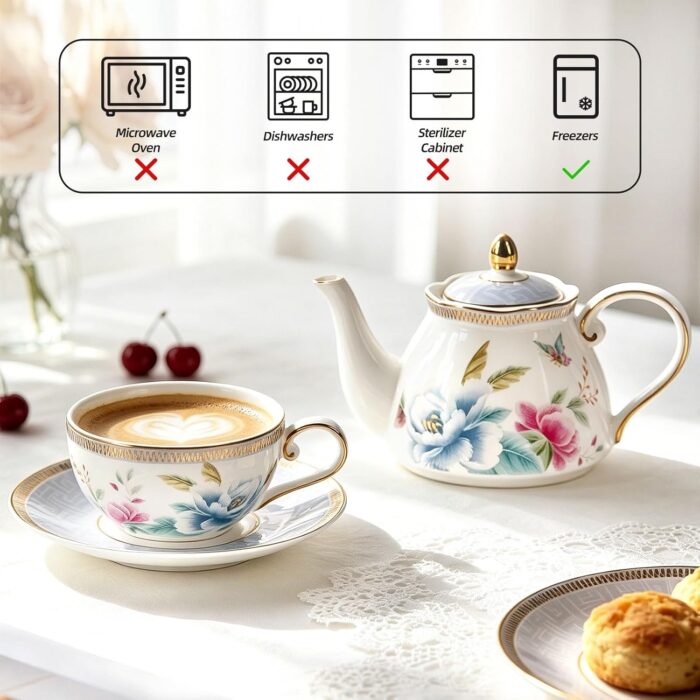 KAMMAK Tea for One, Porcelain Teapot and Cup Set, Bone China Tea Pot and Saucers Set,Ceramic Tea Set for Party, Home, Colored Tea Cups and Saucer Set for Coffee,Cappuccino,Tea, GH8 KAMMAK 8KPGH008 ceramic teapot styled home decor setting image 5