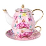 KAMMAK Tea for One, Porcelain Teapot and Cup Set, Bone China Tea Pot and Saucers Set,Ceramic Tea Set for Party, Home, Colored Tea Cups and Saucer Set for Coffee,Cappuccino,Tea, GH9