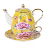 KAMMAK Tea for One, Porcelain Teapot and Cup Set, Bone China Tea Pot and Saucers Set,Ceramic Tea Set for Party, Home, Colored Tea Cups and Saucer Set for Coffee,Cappuccino,Tea,...