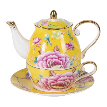 KAMMAK Tea for One, Porcelain Teapot and Cup Set, Bone China Tea Pot and Saucers Set,Ceramic Tea Set for Party, Home, Colored Tea Cups and Saucer Set for Coffee,Cappuccino,Tea,...