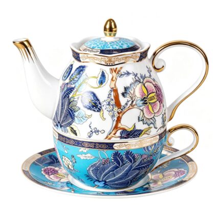 KAMMAK Tea for One, Porcelain Teapot and Cup Set, Bone China Tea Pot and Saucers Set,Ceramic Tea Set for Party, Home, Colored Tea Cups and Saucer Set for Coffee,Cappuccino,Tea, GH5