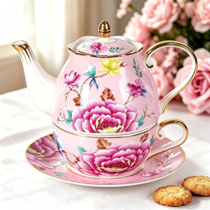 KAMMAK Tea for One, Porcelain Teapot and Cup Set, Bone China Tea Pot and Saucers Set,Ceramic Tea Set for Party, Home, Colored Tea Cups and Saucer Set for Coffee,Cappuccino,Tea, GH9