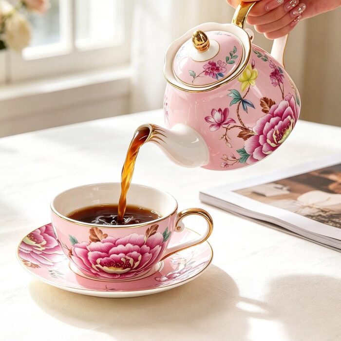 KAMMAK Tea for One, Porcelain Teapot and Cup Set, Bone China Tea Pot and Saucers Set,Ceramic Tea Set for Party, Home, Colored Tea Cups and Saucer Set for Coffee,Cappuccino,Tea, GH9