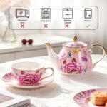 KAMMAK Tea for One, Porcelain Teapot and Cup Set, Bone China Tea Pot and Saucers Set,Ceramic Tea Set for Party, Home, Colored Tea Cups and Saucer Set for Coffee,Cappuccino,Tea, GH9