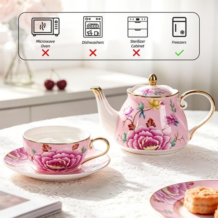 KAMMAK Tea for One, Porcelain Teapot and Cup Set, Bone China Tea Pot and Saucers Set,Ceramic Tea Set for Party, Home, Colored Tea Cups and Saucer Set for Coffee,Cappuccino,Tea, GH9