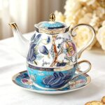 KAMMAK Tea for One, Porcelain Teapot and Cup Set, Bone China Tea Pot and Saucers Set,Ceramic Tea Set for Party, Home, Colored Tea Cups and Saucer Set for Coffee,Cappuccino,Tea, GH5 KAMMAK 8KPGH005 ceramic teapot side angle view showing silhouette