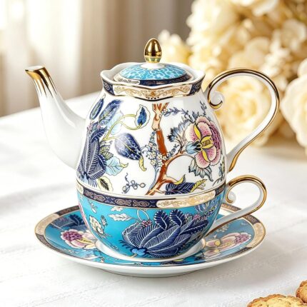 KAMMAK Tea for One, Porcelain Teapot and Cup Set, Bone China Tea Pot and Saucers Set,Ceramic Tea Set for Party, Home, Colored Tea Cups and Saucer Set for Coffee,Cappuccino,Tea, GH5