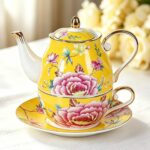 KAMMAK Tea for One, Porcelain Teapot and Cup Set, Bone China Tea Pot and Saucers Set,Ceramic Tea Set for Party, Home, Colored Tea Cups and Saucer Set for Coffee,Cappuccino,Tea,...