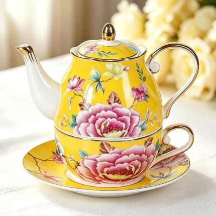 KAMMAK Tea for One, Porcelain Teapot and Cup Set, Bone China Tea Pot and Saucers Set,Ceramic Tea Set for Party, Home, Colored Tea Cups and Saucer Set for Coffee,Cappuccino,Tea,...