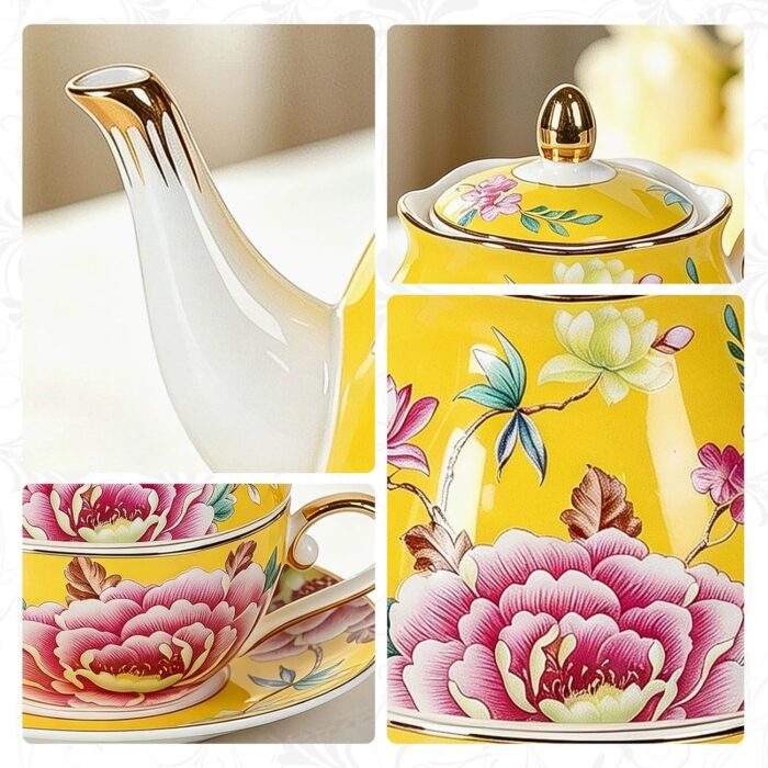 KAMMAK Tea for One, Porcelain Teapot and Cup Set, Bone China Tea Pot and Saucers Set,Ceramic Tea Set for Party, Home, Colored Tea Cups and Saucer Set for Coffee,Cappuccino,Tea,...