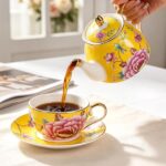 KAMMAK Tea for One, Porcelain Teapot and Cup Set, Bone China Tea Pot and Saucers Set,Ceramic Tea Set for Party, Home, Colored Tea Cups and Saucer Set for Coffee,Cappuccino,Tea,...