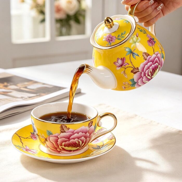 KAMMAK Tea for One, Porcelain Teapot and Cup Set, Bone China Tea Pot and Saucers Set,Ceramic Tea Set for Party, Home, Colored Tea Cups and Saucer Set for Coffee,Cappuccino,Tea,...