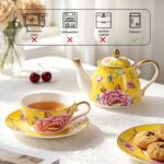 KAMMAK Tea for One, Porcelain Teapot and Cup Set, Bone China Tea Pot and Saucers Set,Ceramic Tea Set for Party, Home, Colored Tea Cups and Saucer Set for Coffee,Cappuccino,Tea,...