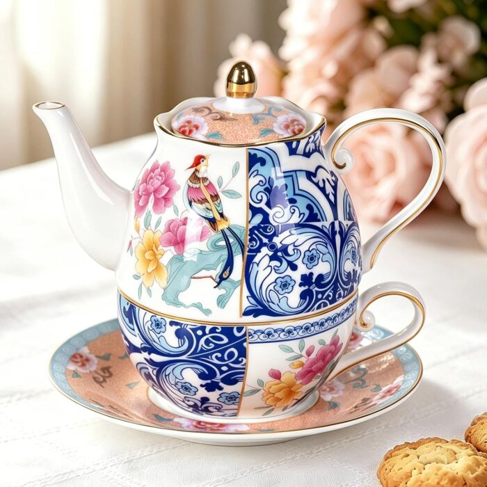 KAMMAK Tea for One, Porcelain Teapot and Cup Set, Bone China Tea Pot and Saucers Set,Ceramic Tea Set for Party, Home, Colored Tea Cups and Saucer Set for Coffee,Cappuccino,Tea,...