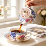 KAMMAK Tea for One, Porcelain Teapot and Cup Set, Bone China Tea Pot and Saucers Set,Ceramic Tea Set for Party, Home, Colored Tea Cups and Saucer Set for Coffee,Cappuccino,Tea,...